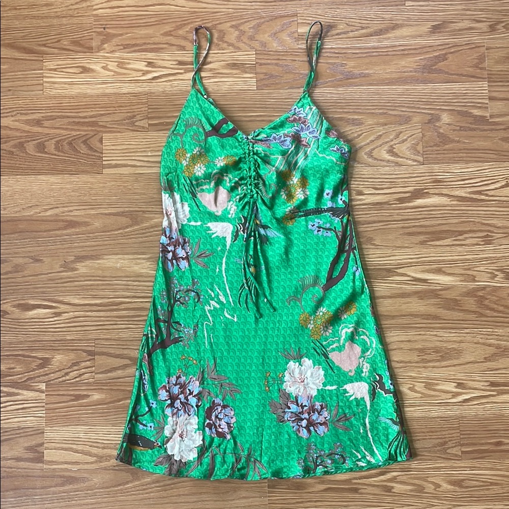 Zara Green Floral Print Slip Mini Dress Sz 8 Satin Date Night Y2K-Style Club GNO